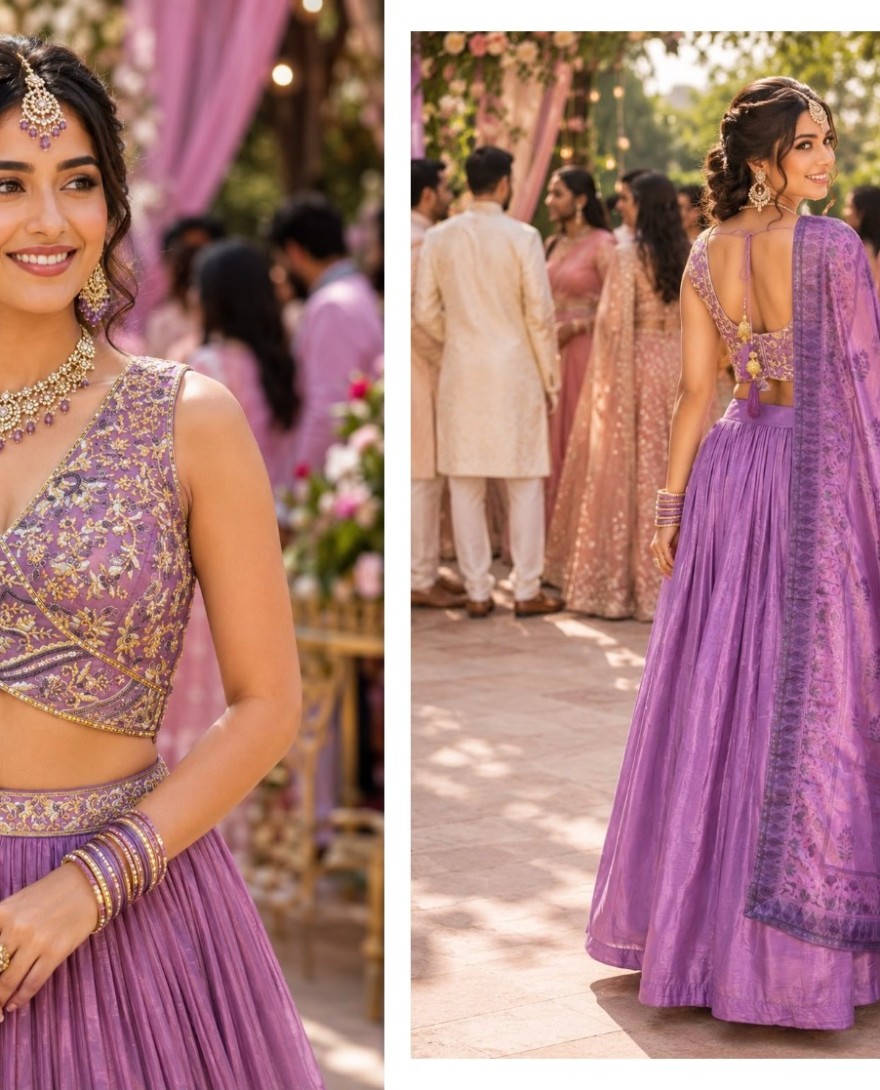 PURPLE - Lavender Tissue Embroidered Work Readymade Lehenga Choli